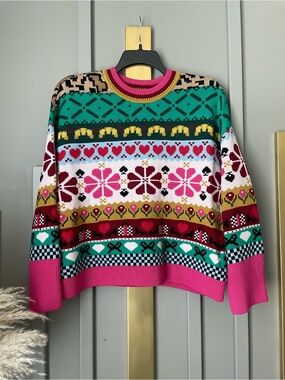 97% wool kate spade Multicolor Fair Isle Crewneck Sweater — Pink, Green & Red